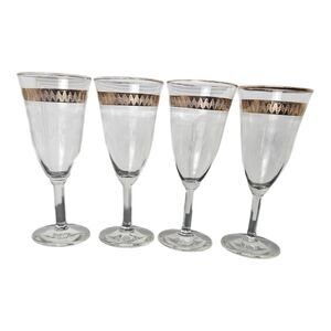 VINTAGE TIFFIN FRANCISCAN ETCHED OPTIC GOLD TRIM CRYSTAL WINE GLASS 6 IN
